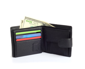men's black wallet money in cash isolated on white background
