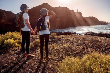 Young couple traveling nature