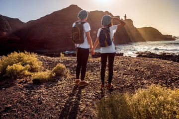 Young couple traveling nature