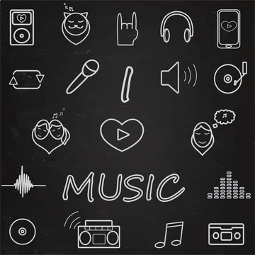Music icons set. chalk on blackboard. I love music. Illustration. Vector