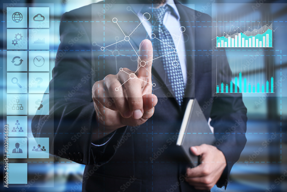 Poster businessman using modern computer, pressing button on virtual screen. business strategy concept. int