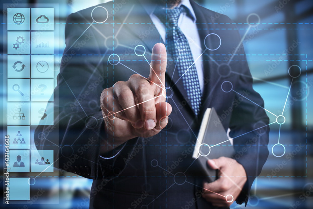 Poster businessman using modern computer, pressing button on virtual screen. business strategy concept. int