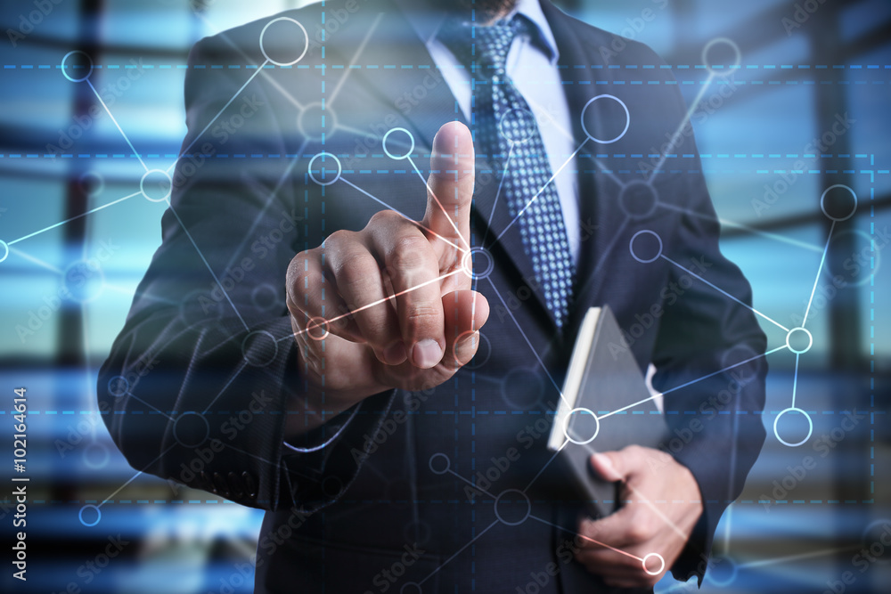 Poster businessman using modern computer, pressing button on virtual screen. business strategy concept. int