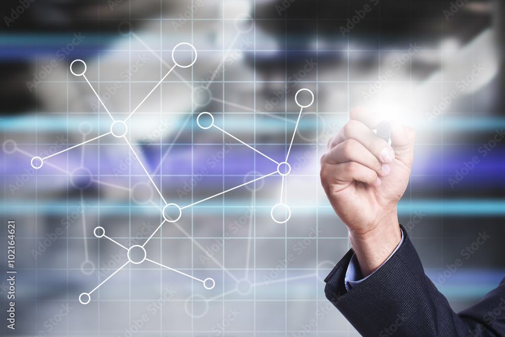 Poster businessman using modern computer, drawing on virtual screen.internet tehcnology and networking conc