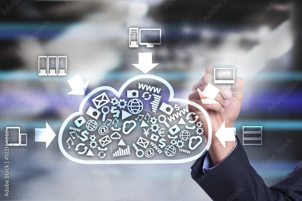 Poster businessman using modern computer, drawing on virtual screen. cloud tehcnology and networking concep