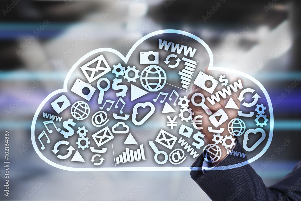 Poster businessman using modern computer, drawing on virtual screen. cloud tehcnology and networking concep