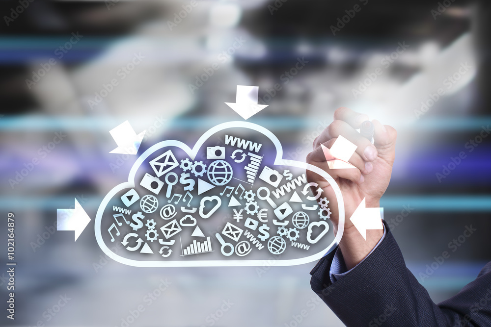 Poster businessman using modern computer, drawing on virtual screen. cloud tehcnology and networking concep