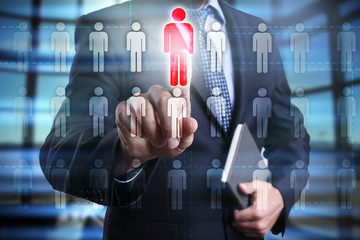 businessman using modern computer, pressing button on virtual screen. business strategy,...
