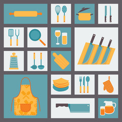 Kitchen and cooking icons set, kitchenware and utensils icons, food vector illustration for...