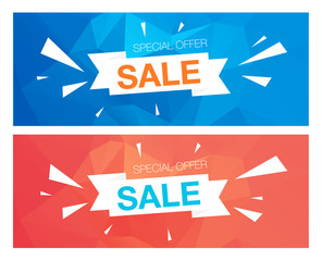 Super Sale Special Offer banners on blue and red background