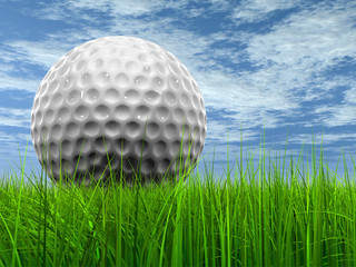 White golf ball in grass and sky