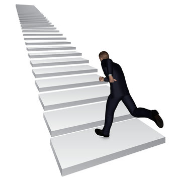 Conceptual 3D business man running or climbing white stair isolated