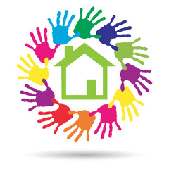 concept circle of hands, green house symbol