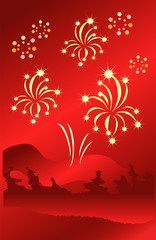 Fototapeta na wymiar Stars fireworks on abstract red background. Vector illustration