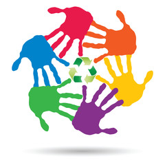 Concept circle of hands, green recycle symbol