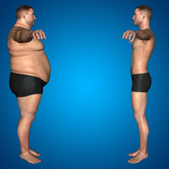 Human man fat and slim concept on blue