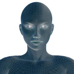 Conceptual 3D wireframe human female or woman face or head