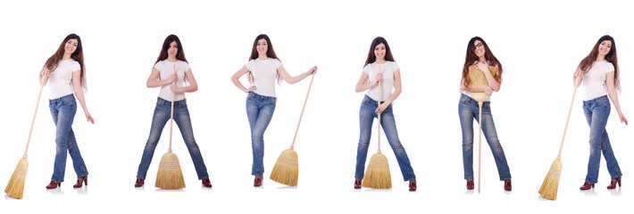 Woman with broom isolated on white