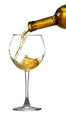 White wine pouring in glass, isolated on white