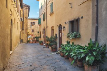 Fototapeta na wymiar Beautiful and colorful streets of the small and historic Tuscan village Pienza, Italy