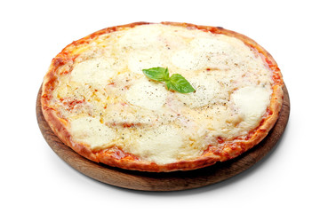 Pizza full of cheese on wooden board isolated on white background