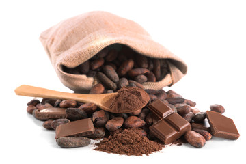 Pile of cocoa beans and chocolate isolated on white background