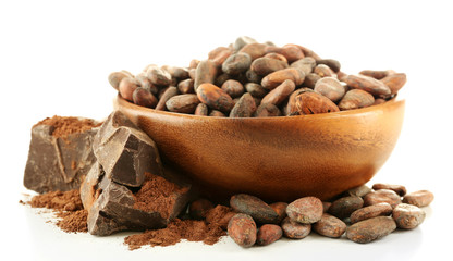 Bowl with aromatic cocoa beans and chocolate isolated on white background, close up