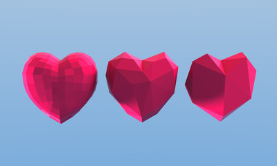 Polygonal hearts on blue background