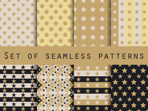 Stars. Set seamless patterns. Gold and black. The pattern for wallpaper, bed linen, tiles, fabrics, backgrounds. Vector illustration.