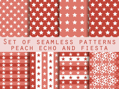 Stars. Set seamless patterns. Peach echo and fiesta color. Color trend in 2016. The pattern for wallpaper, bed linen, tiles, fabrics, backgrounds. Vector illustration.