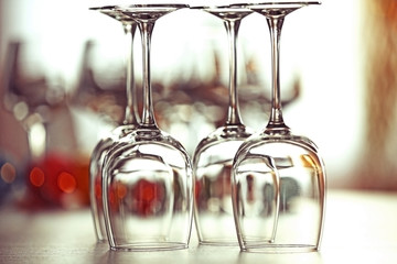Empty wineglasses on a table, close up