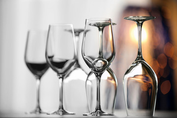 Empty wineglasses on a table, close up
