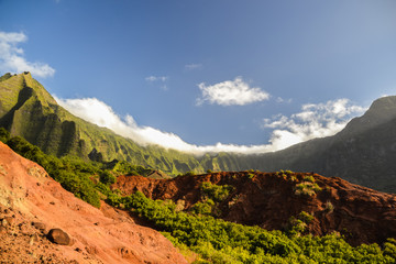 Stunning Kalalau Valley at Na Pali Coast on the Island of Kauai, Hawaii. Photo was taken near Kalalau Beach. The only way to have this unique view from below is to hike the 11 mile long Kalalau Trail.