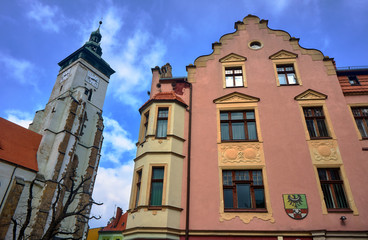 Obraz premium Building facade and belfry of the church in Klodzko in Poland.