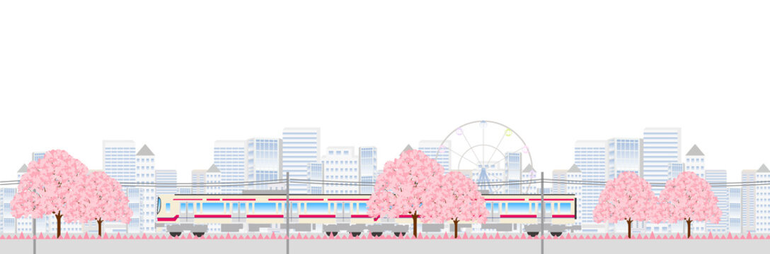 電車　桜　都会　背景
