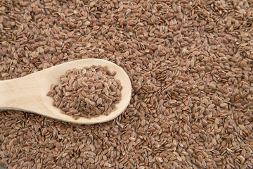 Flax seeds close up on a wooden spoon on a table. horizontal