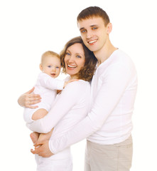Happy smiling young family, mother and father with baby together