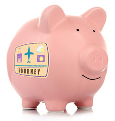 Pink ceramic piggy bank isolated on white