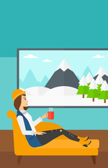 Woman lying with cup of tea.