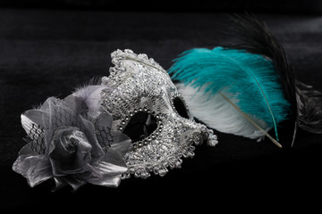 silver mask on black background with feathers