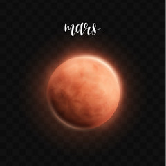Realistic glowing Mars planet Isolated. Glow with transparency on black background. Lighting effects. Glowing planet. Realistic space object. Universe. Solar system. Planet for design. Space