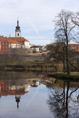Obraz premium Colorful royal medieval Town Pisek above the river Otava, Czech Republic 