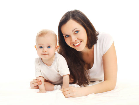 Portrait happy smiling mother with baby on a white background