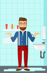Man in despair standing near leaking sink.