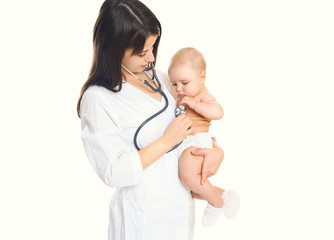 Woman doctor listens to the heart of a child on white background