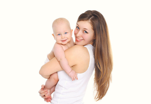 Happy smiling mother and baby on white background