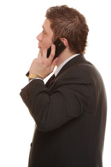 confused man talking on mobile phone smartphone