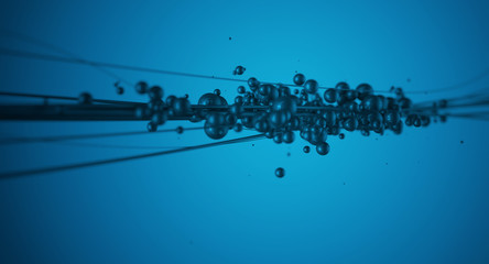 Abstract black bubbles cluster over black cables - resembling molecular cluster, atoms or macro microscopic vision deep in the sky or underwater artificial background - cg illustration