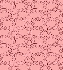 Spiral seamless lace pattern. Vintage texture. Abstract twirl figures of laurel leaves. Vinous, rose, contrast colored background. Vector 