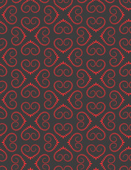 Seamless lace pattern. Vintage curled texture. Swirl silhouettes floral heart signs. Twist ornament of laurel leaves. Red figure on dark gray background. Love, birthday, Valentine day, sale. Vector